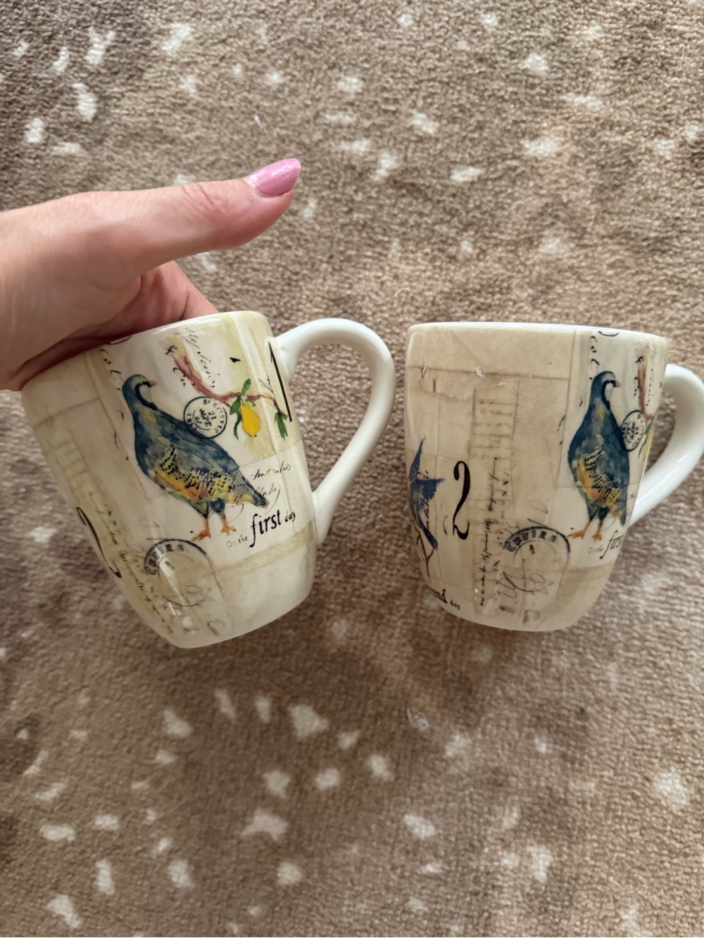2 NEW Williams Sonoma Cream Ceramic Mugs with Blue Quail Illustration - Set of 2